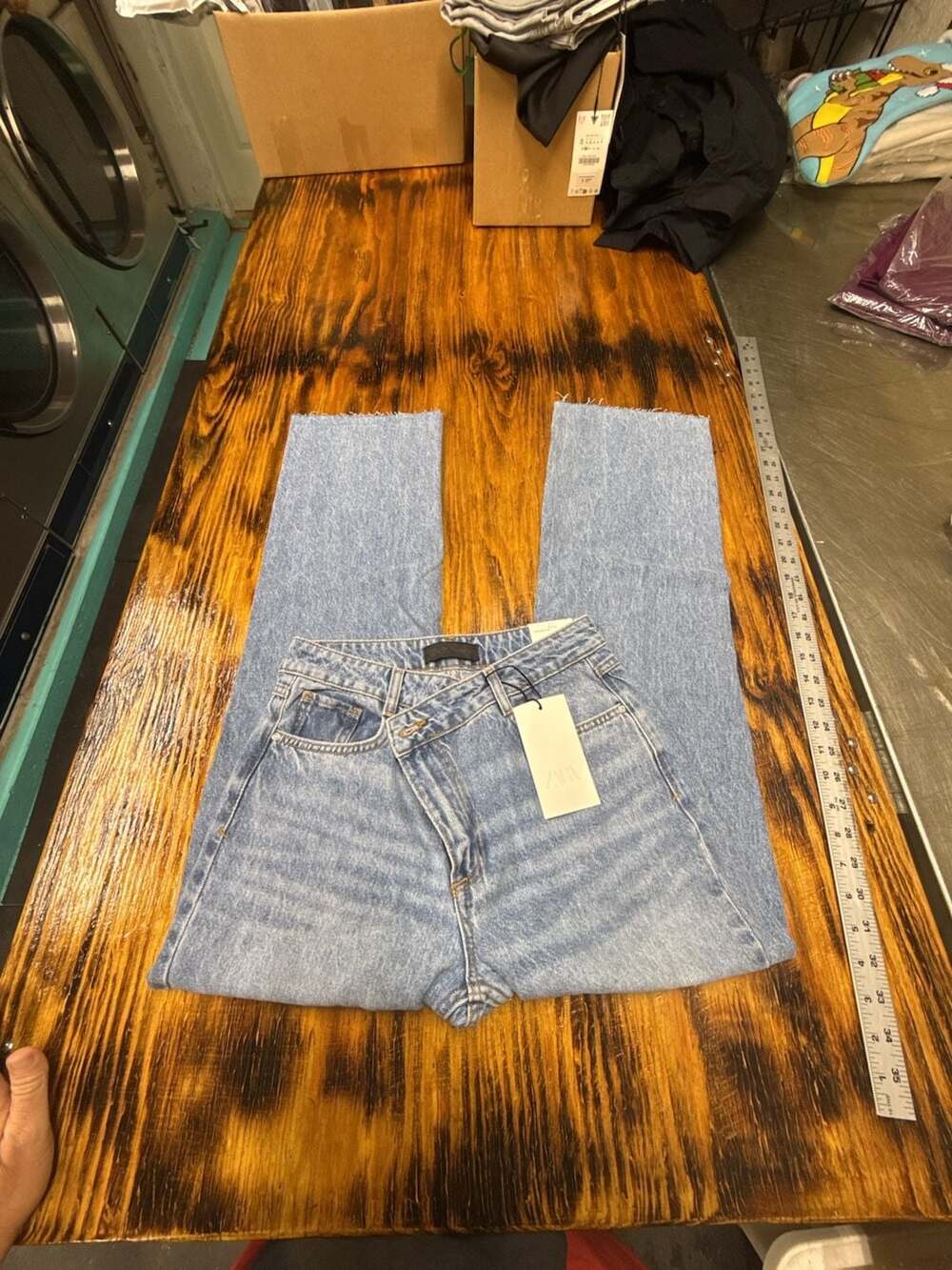 Zara Straight Fit Cross Waist Light Wash Denim Jeans Size 36